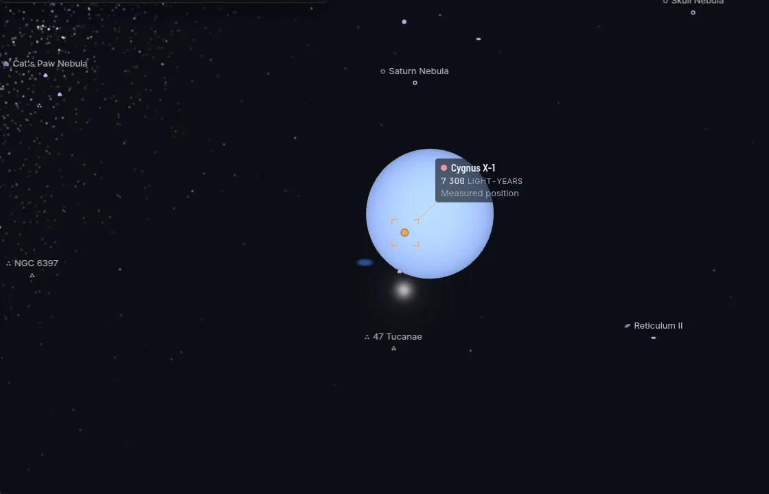 Cygnus X-1: a large pale blue star filling the frame, with its small companion's disc beside it.