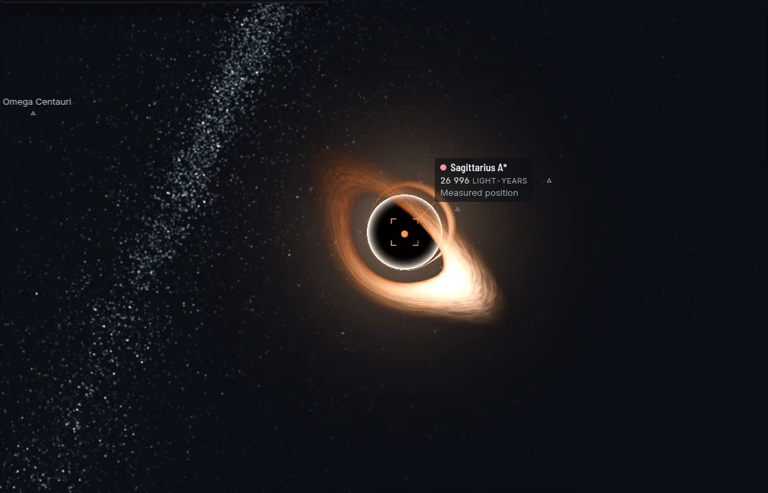 Sagittarius A* as Space Radar draws it: a dark shadow, a thin bright ring and a disc of orange light brighter on one side.