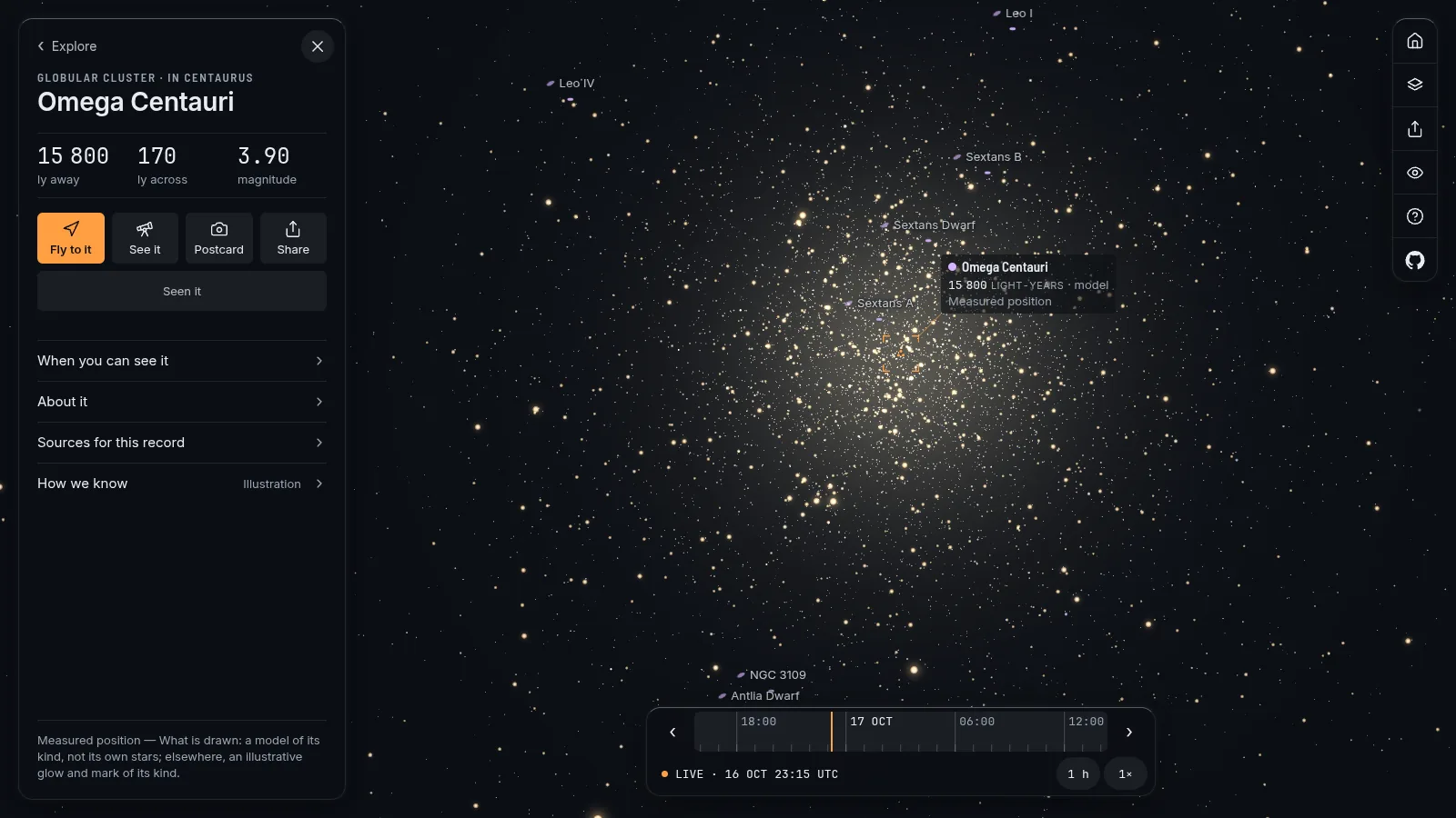 Inside Omega Centauri: thousands of stars of many colours around a bright core.