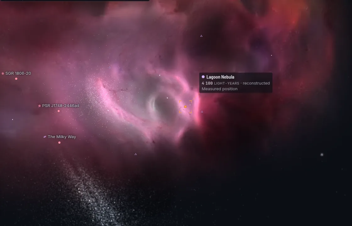 The Lagoon Nebula as Space Radar draws it, glowing pink gas round a pale hollow, with dark dust in front.
