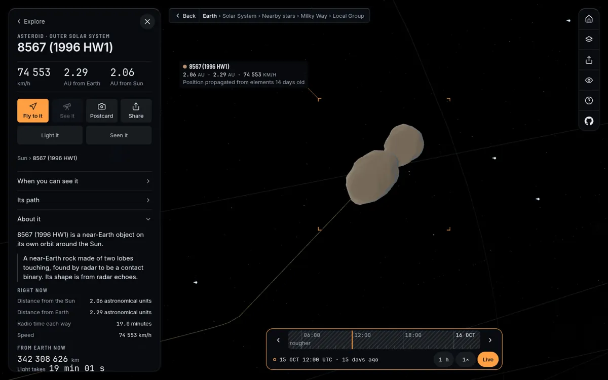 1996 HW1, two lobes touching, a smooth radar shape seen against dark space.