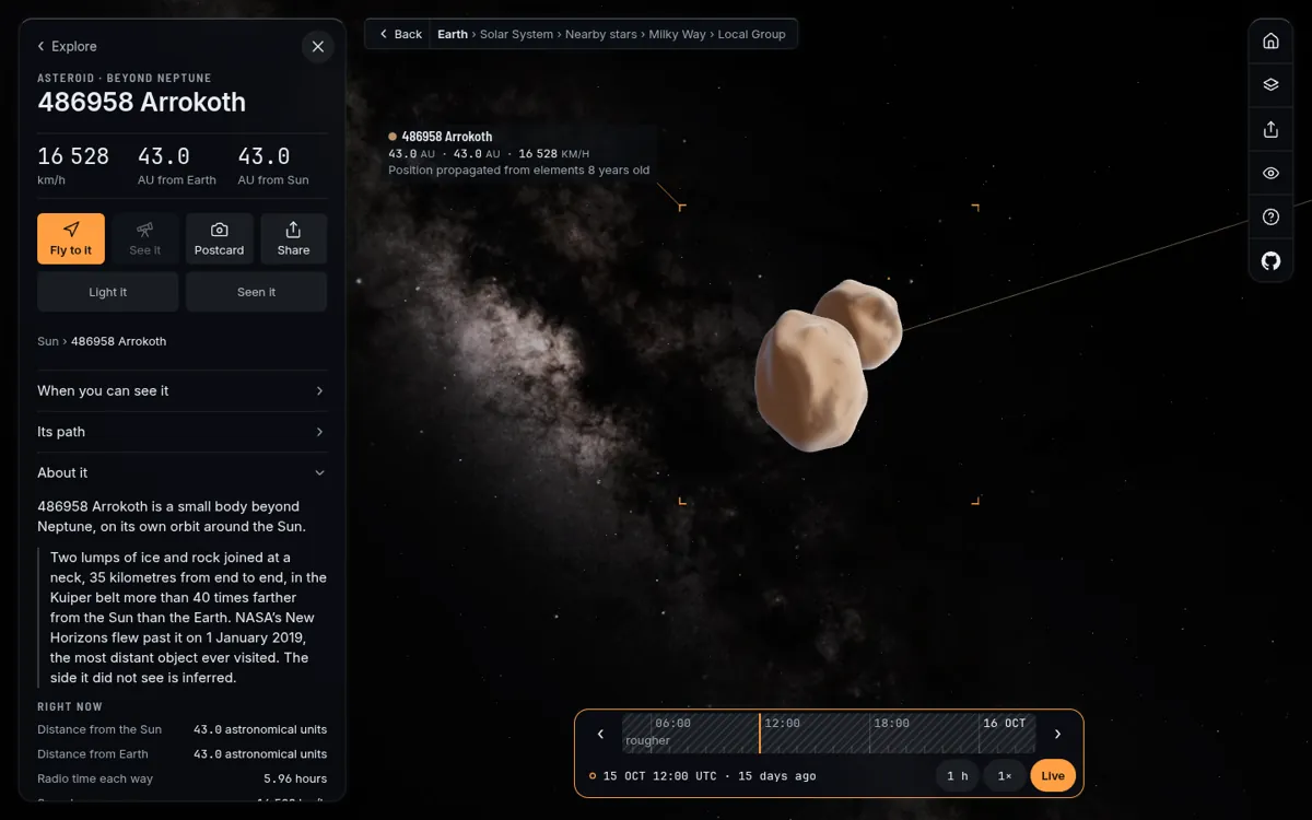Arrokoth, two reddish lobes of different sizes joined at a neck, against the Milky Way, with its card open beside it.