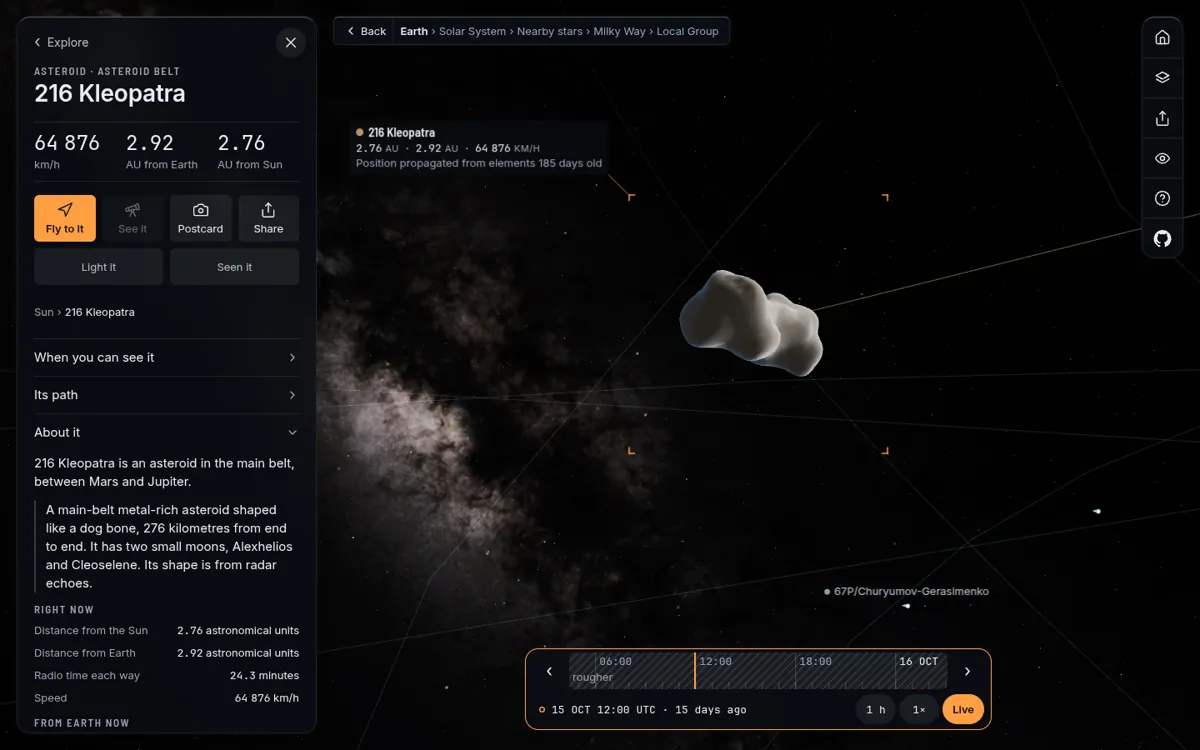 Kleopatra, a long metal-rich asteroid shaped like a dog bone, with its card open.