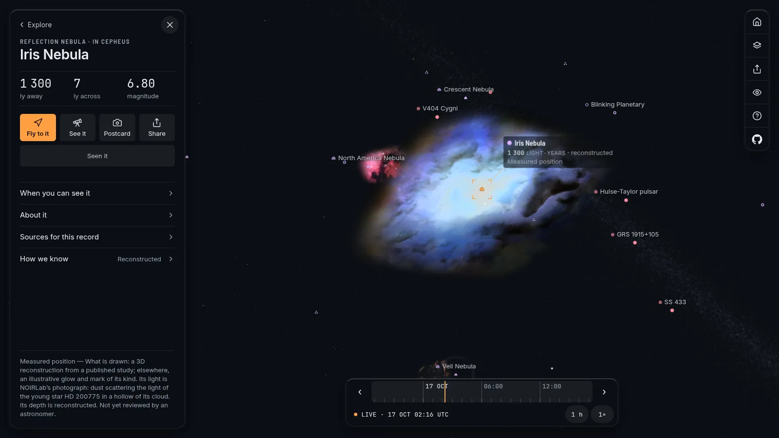 The Iris Nebula turned 50 degrees: a blue reflection nebula with an irregular cavity.