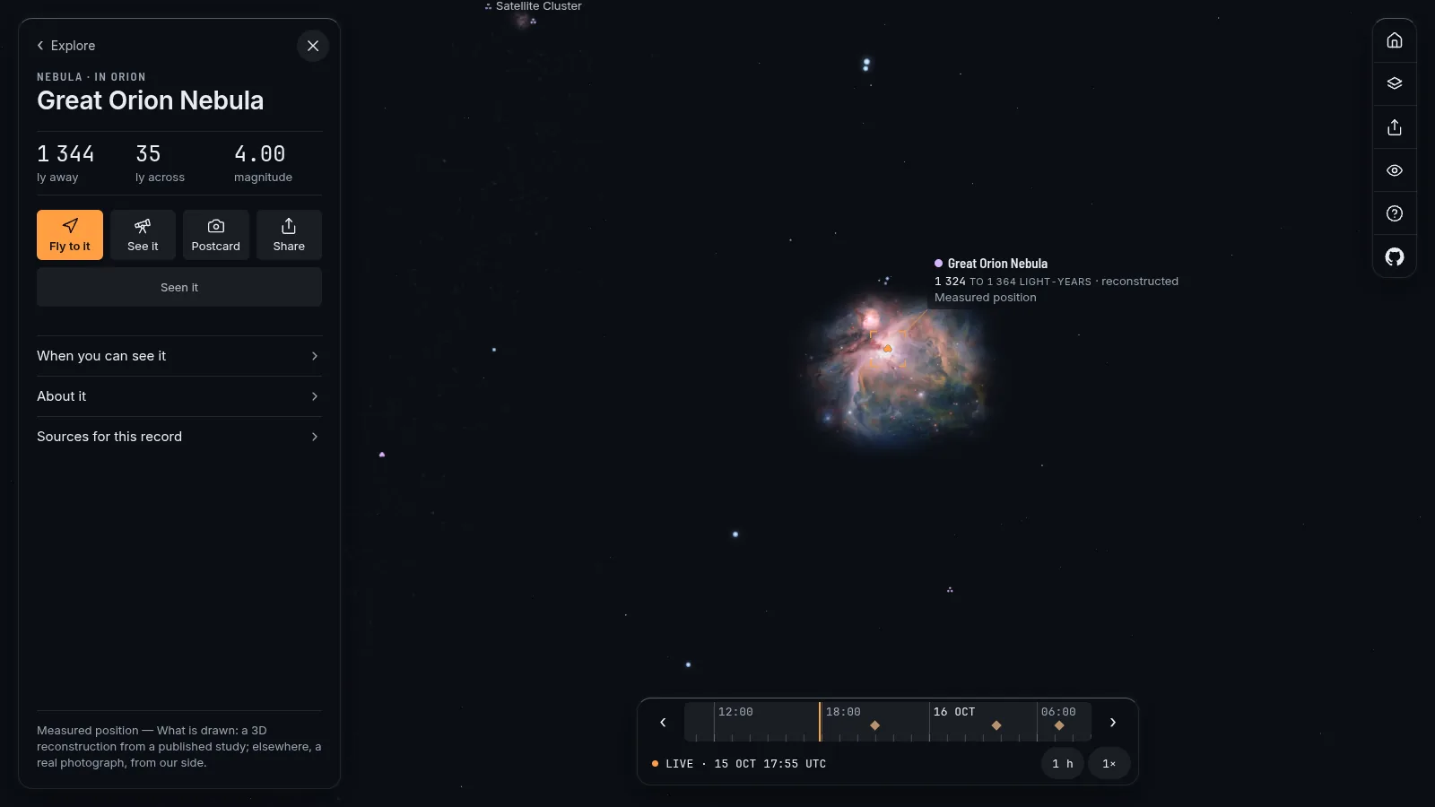 The Great Orion Nebula as the map shows it from our side: the photograph, with the card for the nebula on the left.
