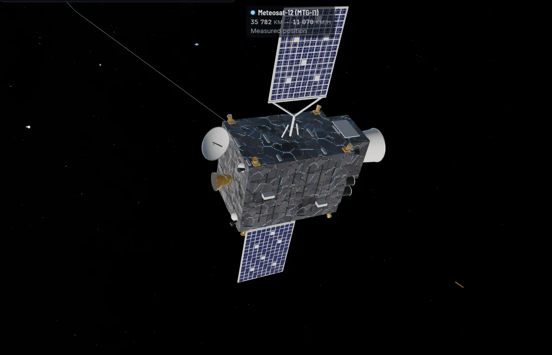 Meteosat-12 in orbit, a foil-covered box with its round imager window and a single solar wing.