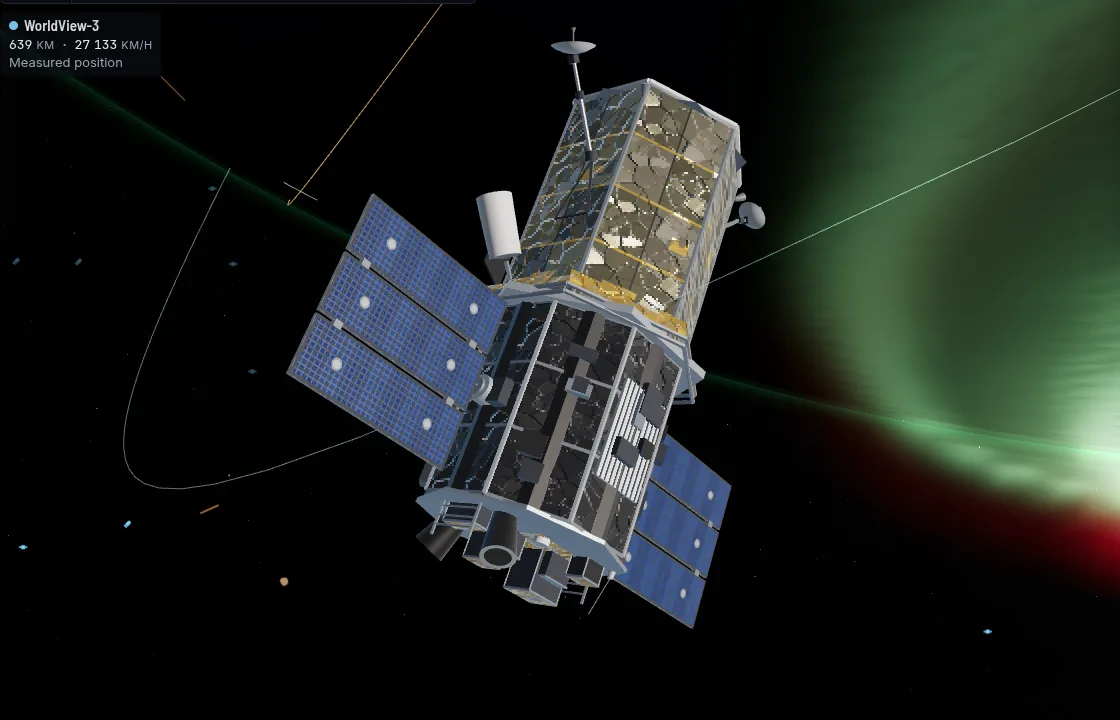 WorldView-3 in orbit, a gold foil telescope barrel above a dark bus with two blue solar wings.