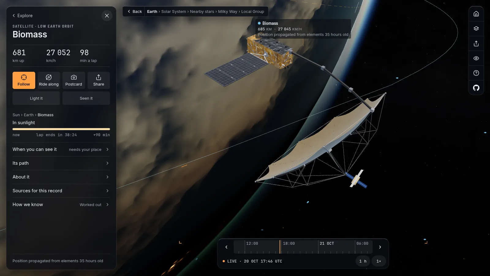 Biomass in release 1.3.0: a gold bus, a solar wing and a large mesh reflector on its boom.