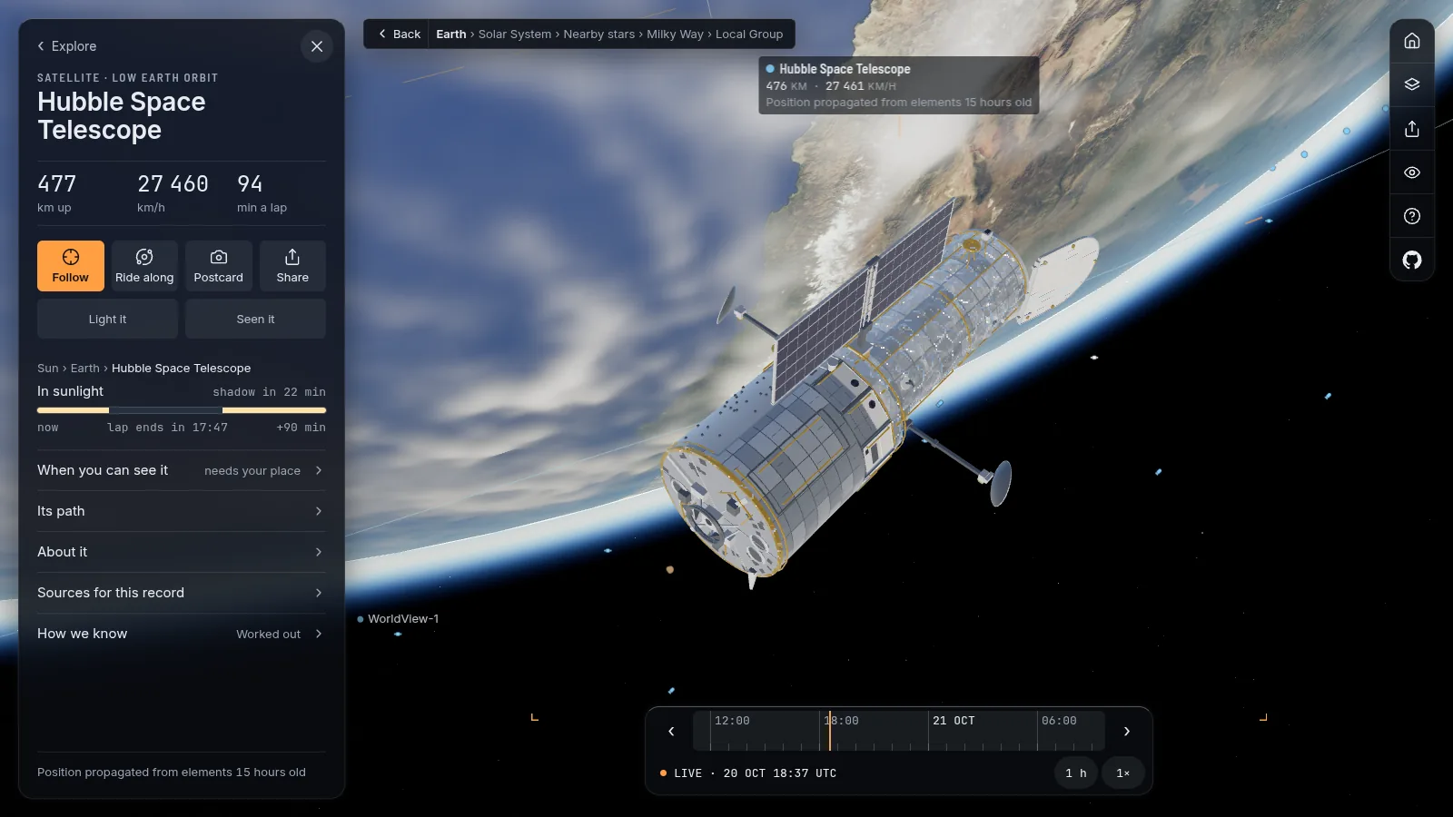 The Hubble Space Telescope in orbit over the Earth: a silver foil body with two solar arrays and an antenna on a boom.
