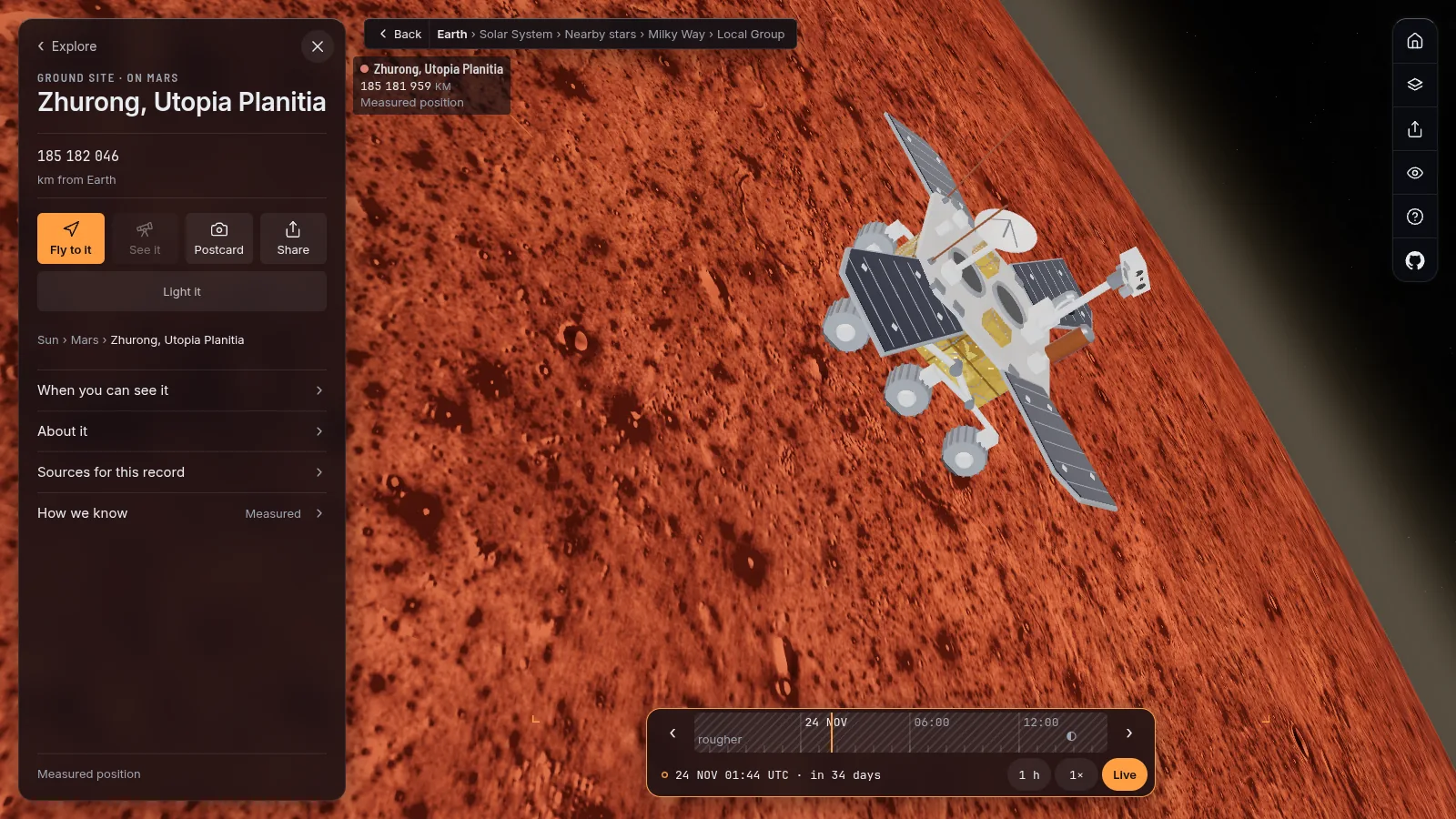 Zhurong, China's Mars rover, on red ground with solar wings spread.