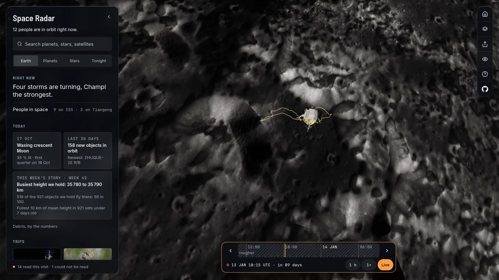 The Taurus-Littrow valley with the Apollo 17 lunar module and a thin line of the traverse.