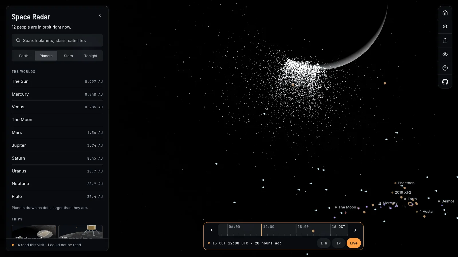 Enceladus as a thin crescent, backlit, with a plume of white particles rising from the south pole.