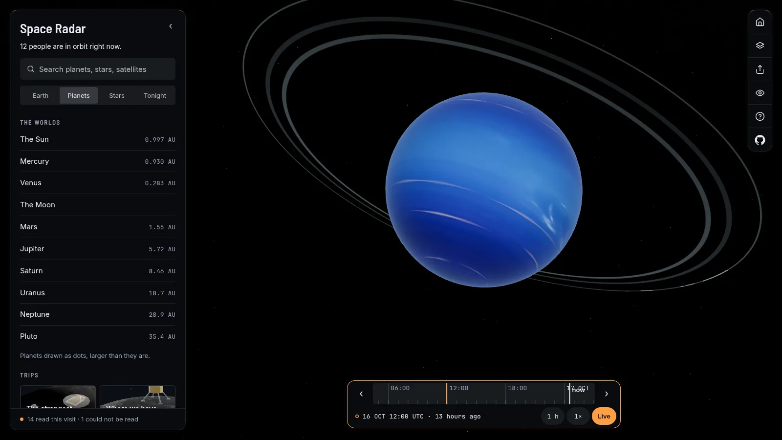 Neptune with its thin rings drawn as faint pale arcs.