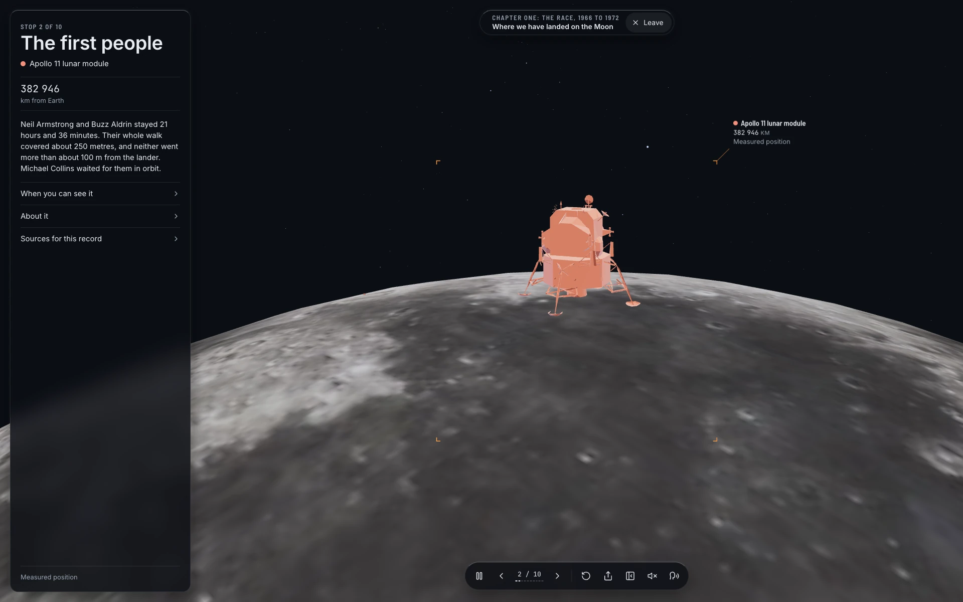 The Apollo 11 lunar module on the Moon, a stop of the Moon landings trip.