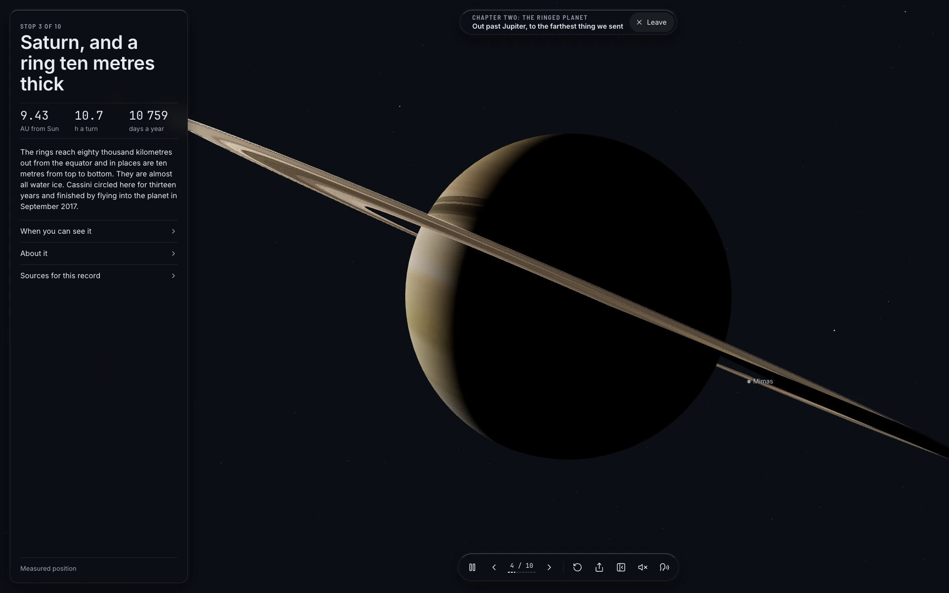 Saturn and its rings, backlit, at a stop of the trip out past Jupiter.